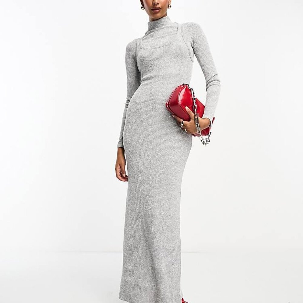 ASOS DESIGN 2 in 1 high neck maxi dress with cami overlay in gray US 14